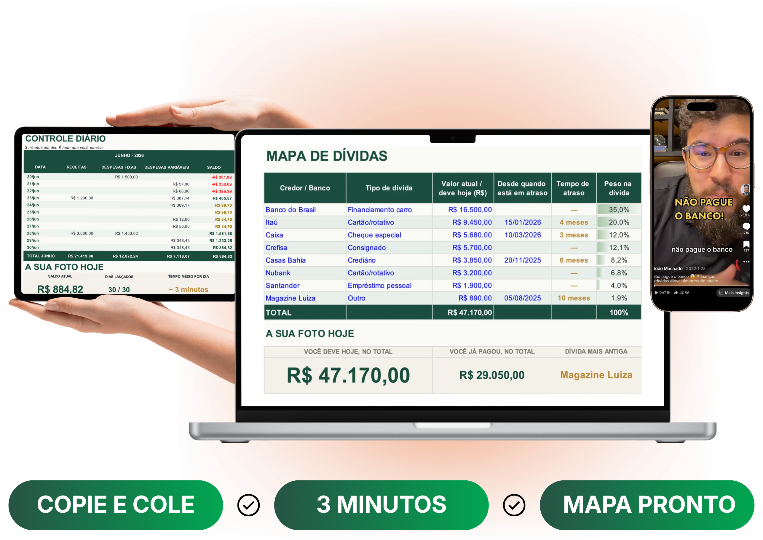 Plano Zero: planilha de organização financeira e mapa de dívidas, criados por João Machado, com vídeo de prova social do TikTok com 967 mil visualizações.